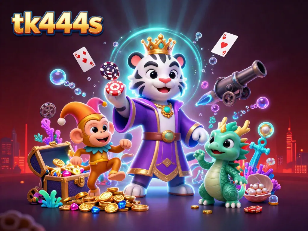Experience excitement with tk444s while enjoying vibrant 3D casino-themed gaming elements and characters.