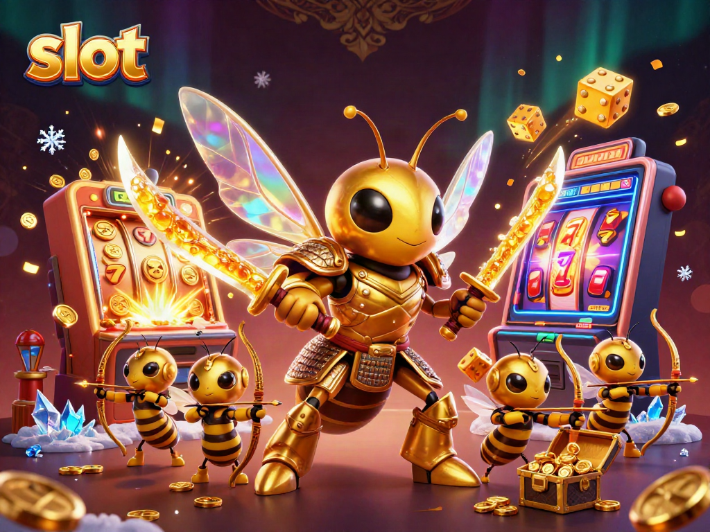 Win big on slots with a vibrant scene featuring a golden hornet and casino elements.
