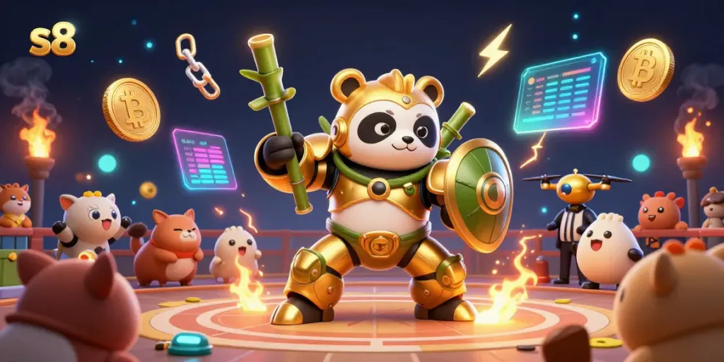Experience the excitement of s8's online gambling with a golden panda in battle amidst cryptocurrency coins and animated elements.