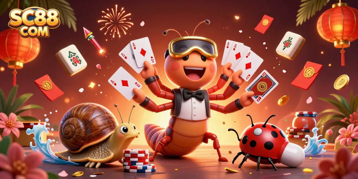 Engage with SC88 COM at thrilling online gaming, featuring a lively millipede dealer and vibrant game elements.