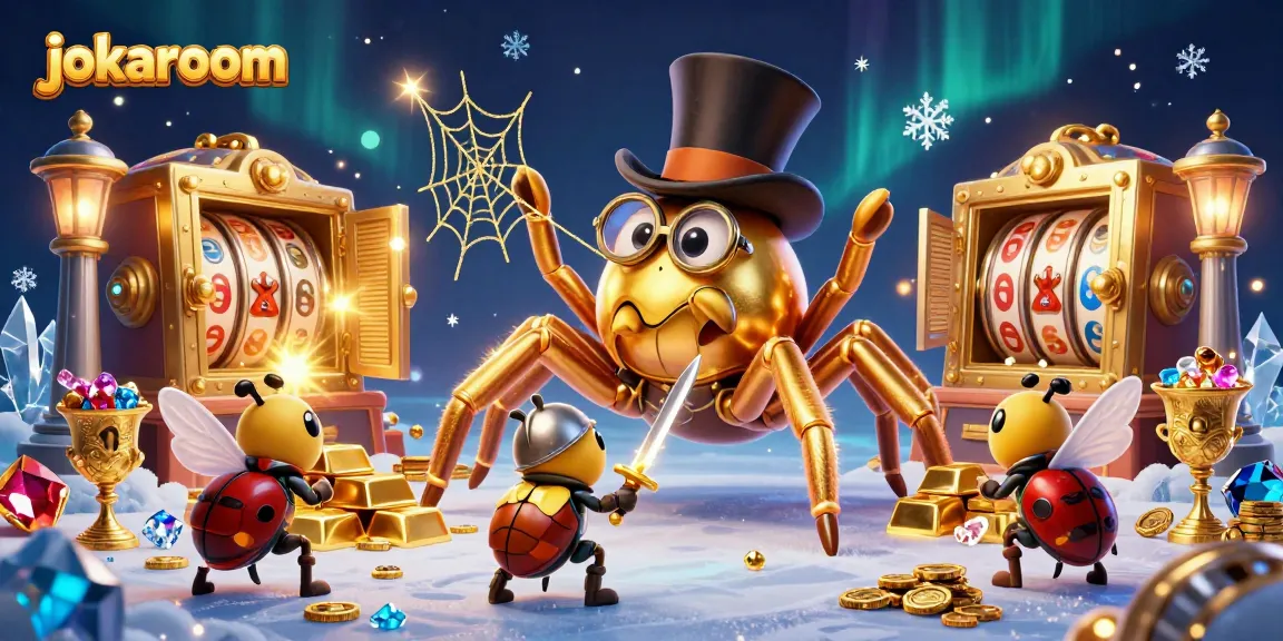Engaging scene of jokaroom's vibrant casino world featuring a golden tarantula and beetle knight.