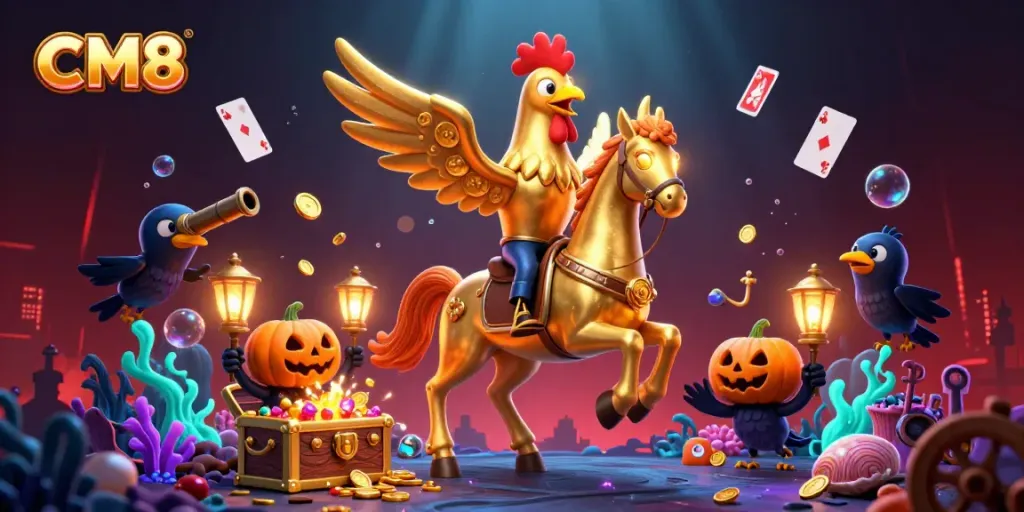Betting enthusiasts enjoy CM8's vibrant casino games in a midnight setting with sparkling treasures.