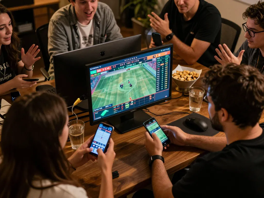 Engaged bettor using the ZOWIN app for live sports betting, surrounded by friends.