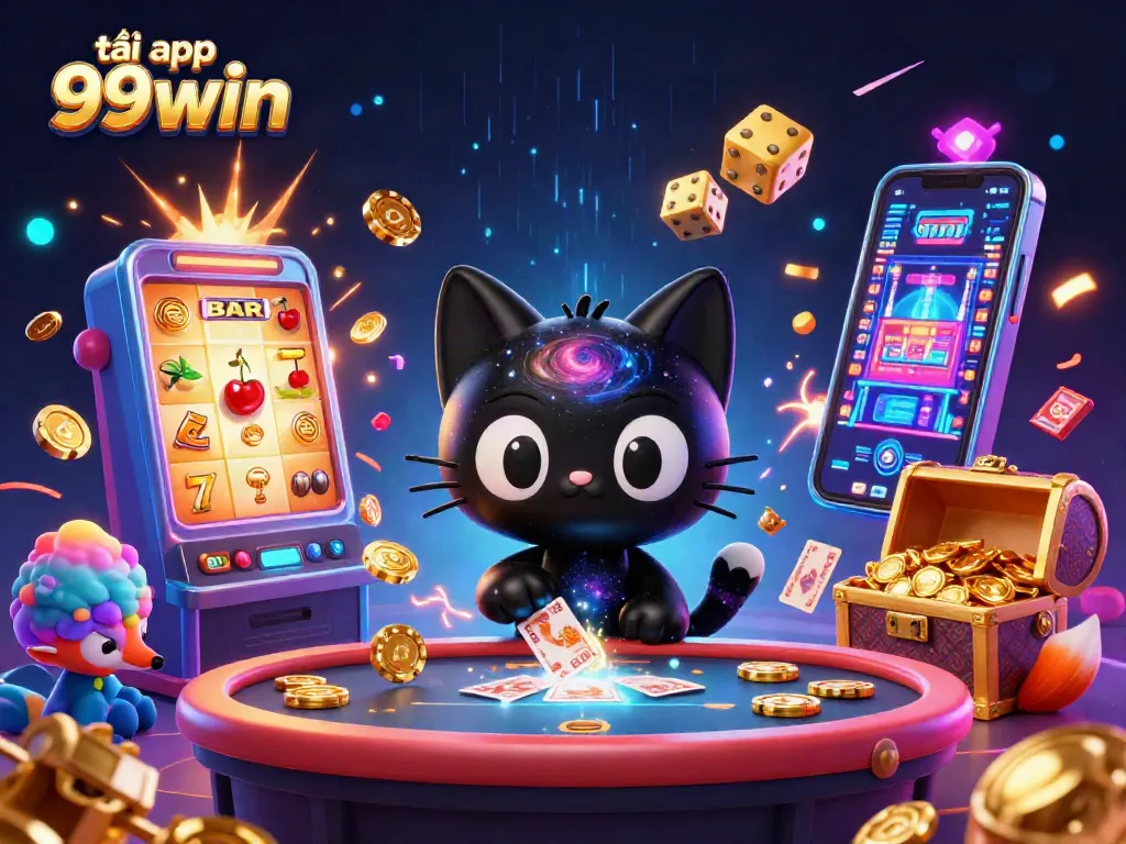 Tải app 99win to engage with a vibrant casino universe, featuring an animated black hole cat and colorful game elements.