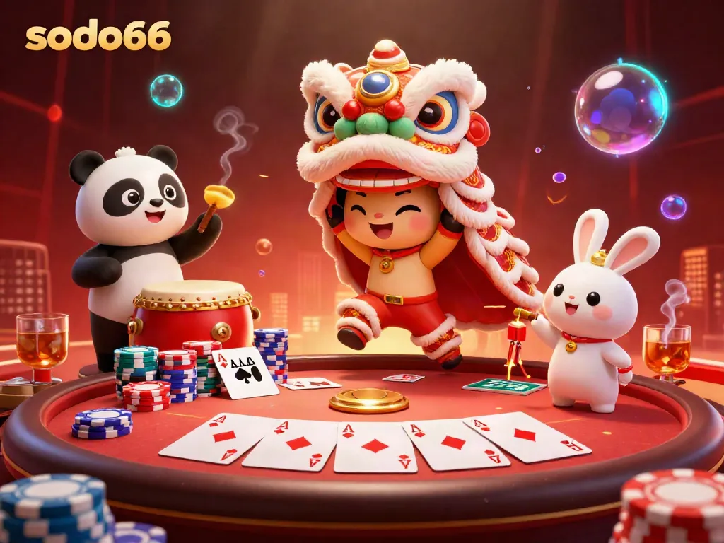 Experience the vibrant excitement of sodo66 with this dynamic 3D illustration of a festive casino scene featuring a lion dance and poker elements.