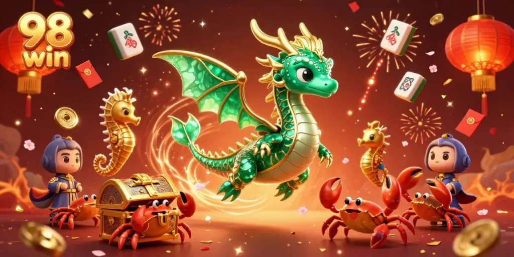 Play games at 98 win with a rich 3D casino illustration featuring a dragon, seahorses, and vibrant decorations.