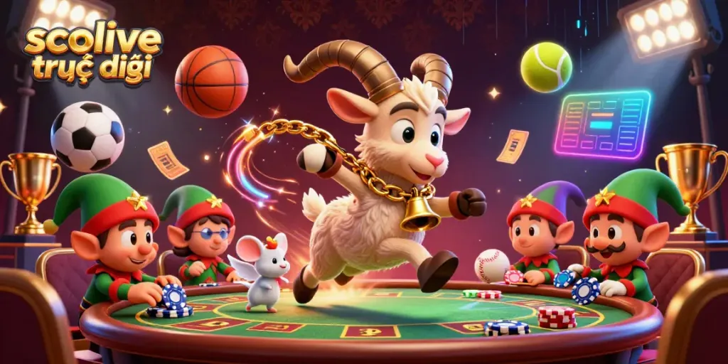 Socolive trực tiếp sports betting scene with Krampus goat, angel mouse, and elf gremlins amidst dynamic sports elements.