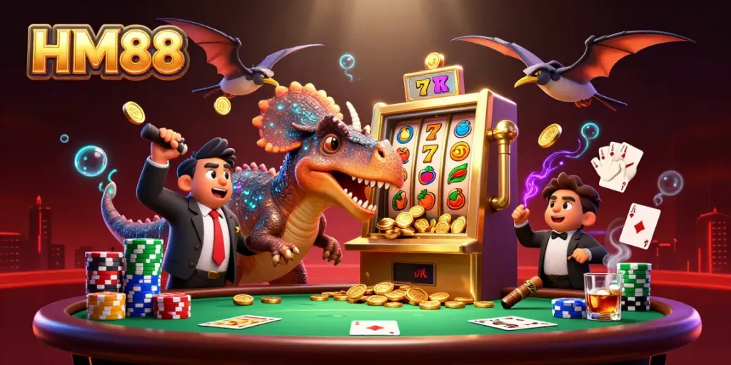 HM88 showcases a vibrant 3D scene of a dinosaur hitting a jackpot, surrounded by colorful casino elements.