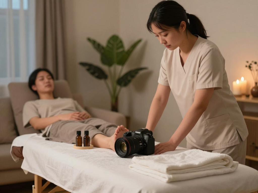 Enjoying a 출장마사지 in a calm home environment with a professional massage therapist setting up
