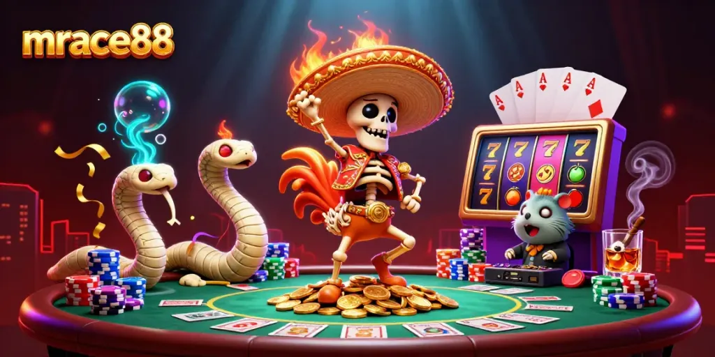 Engage in thrilling gameplay at mrace88 with a dynamic casino scene featuring vibrant characters and rich game elements.
