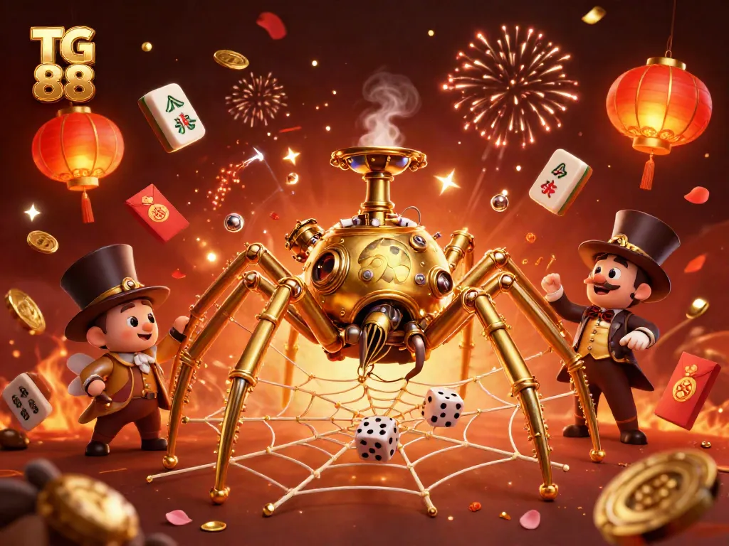 Experience the thrill of TG 88 with a vibrant 3D cartoon scene featuring a steampunk spider and playful game elements.