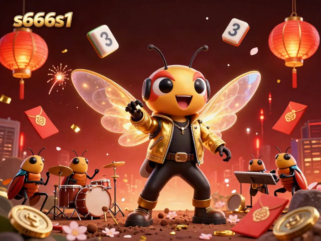 Engage in thrilling gameplay with s666s1, featuring a lively rock star cicada amidst vibrant casino elements.
