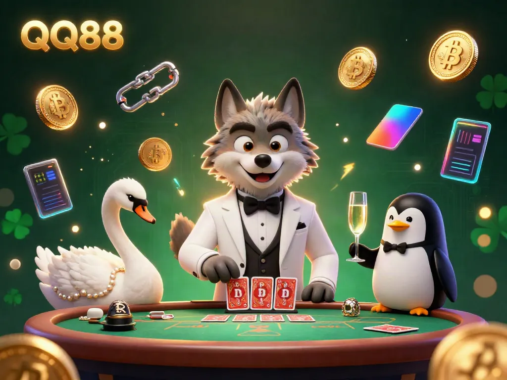 Experience the thrill of QQ88 at a baccarat table with 3D characters and cryptocurrency fun.