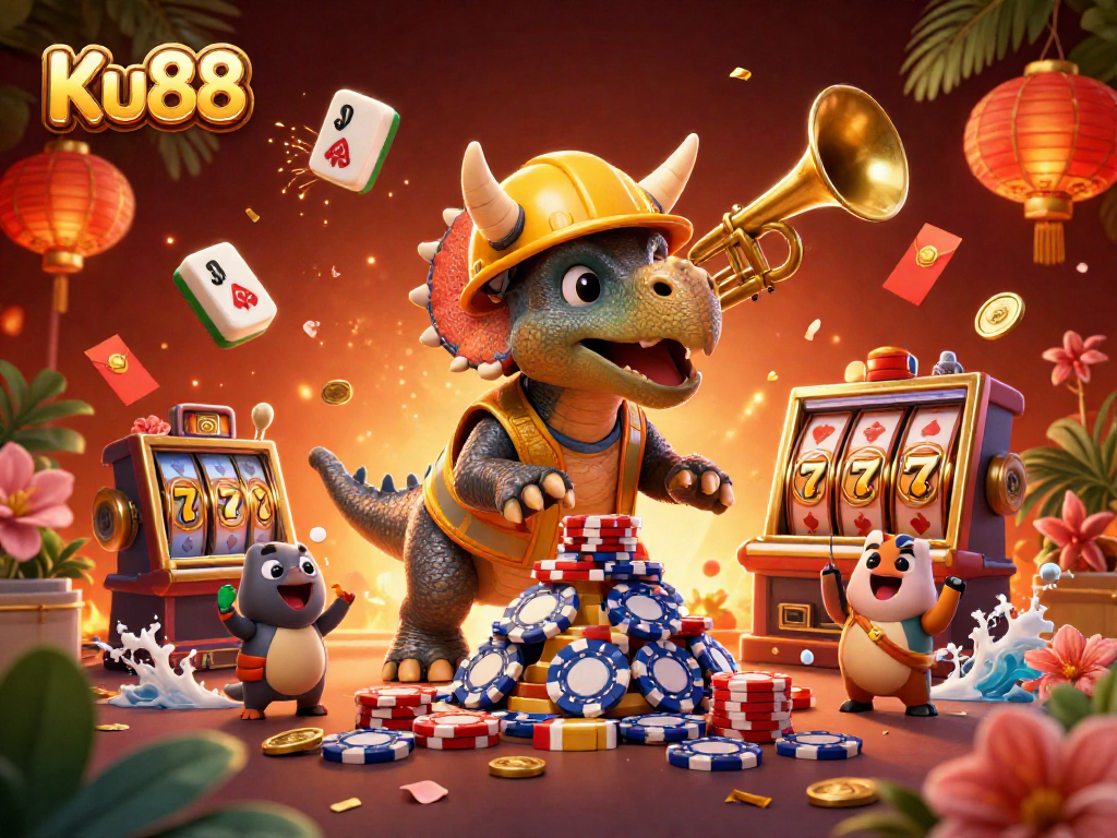 Enjoy exciting gameplay at Ku88 with a vibrant 3D casino scene filled with dynamic elements and celebration.