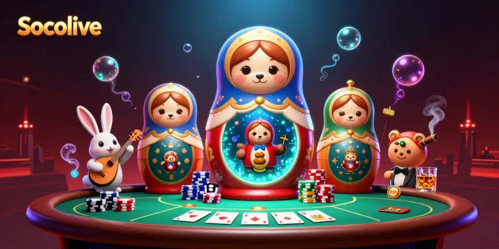 Experience Socolive with a vibrant 3D scene featuring playful characters and engaging casino elements.