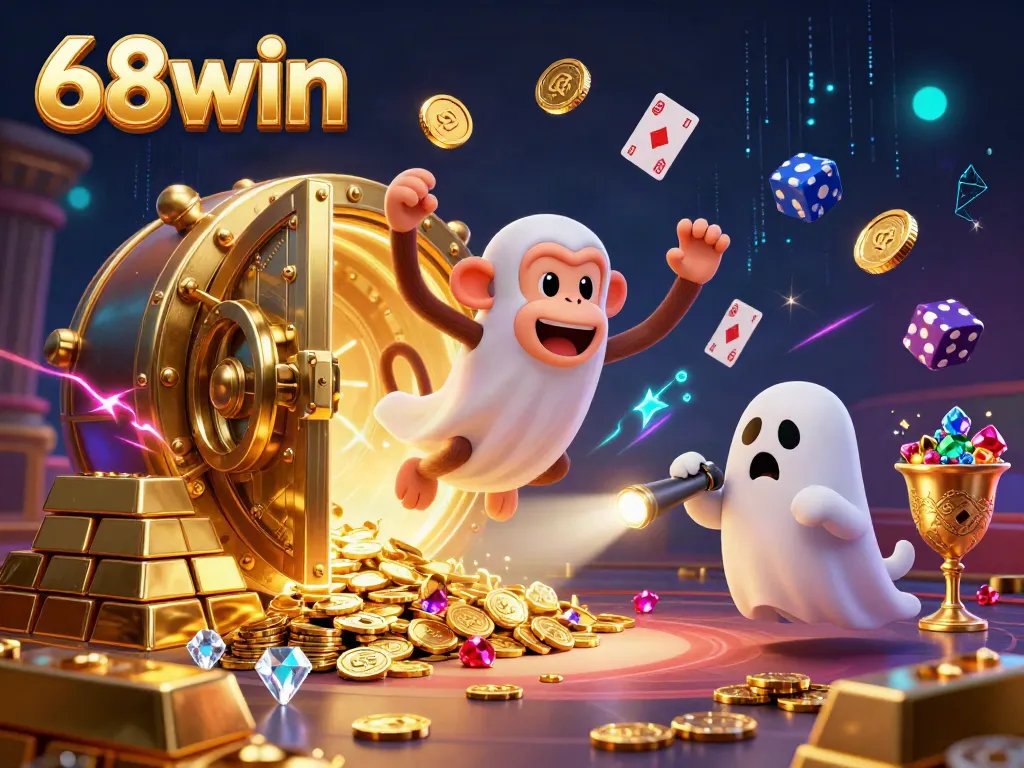 Join the fun at 68win with a lively illustration of a poltergeist monkey and ghost-hunter puppy in a casino.