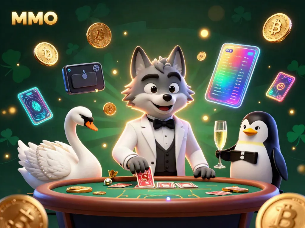 Experience exciting MMOO gameplay with vibrant wolf, swan, and penguin characters at a baccarat table.