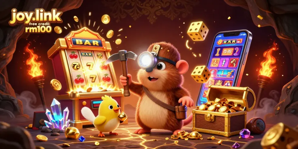 Experience winning with joy.link free credit rm100, featuring a treasure hunter in a casino-themed adventure.