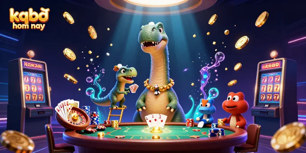 Experience kqbđ hom nay with towering brontosaurus and raptor dealer amidst vibrant casino elements.