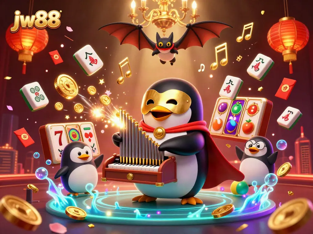 Engage with jw88 in a vibrant casino scene featuring a whimsical penguin and acrobat.
