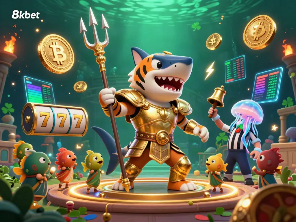 Experience the excitement of 8kbet with a vibrant underwater casino scene featuring a golden gladiator shark and winning elements.