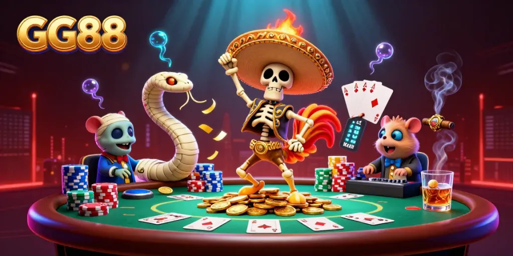 Experience the excitement at GG88 with a vibrant 3D scene featuring skeletal mariachi and game elements.