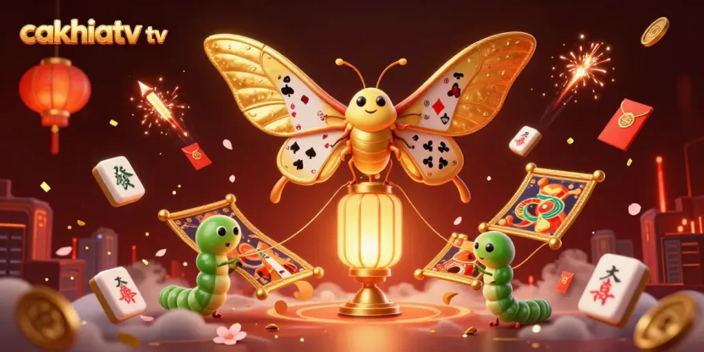 Cakhiatv tv showcases a vibrant scene with a golden atlas moth, casino elements, and dynamic fireworks, capturing the excitement of online gambling.