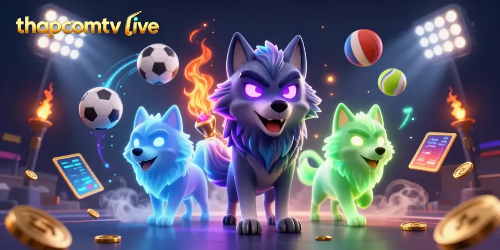 Experience vivid sporting action with thapcamtv live featuring dynamic sports balls, trophy, and ghostly wolves.