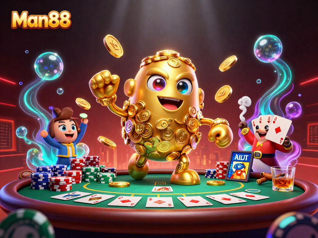 Win exciting jackpots with Man88's gambling adventure featuring a golden golem and poker elements.