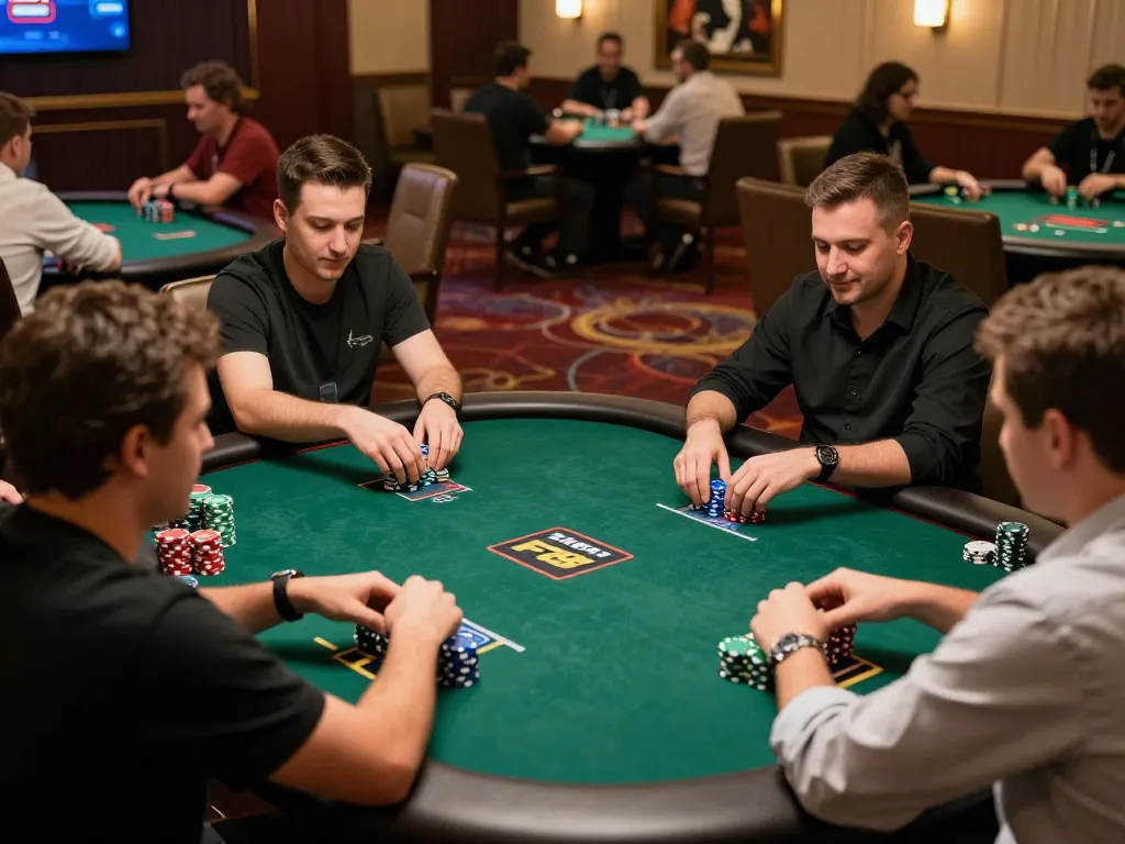 F8 bet players strategizing their poker hands in a vibrant casino setting