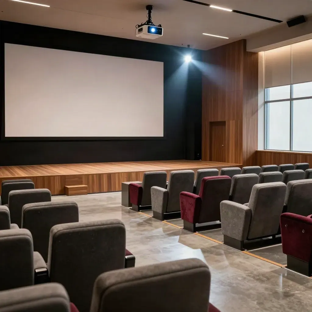Bilik tayangan acara korporat dengan pentas, kerusi modular dan pancaran projektor atmosfera.