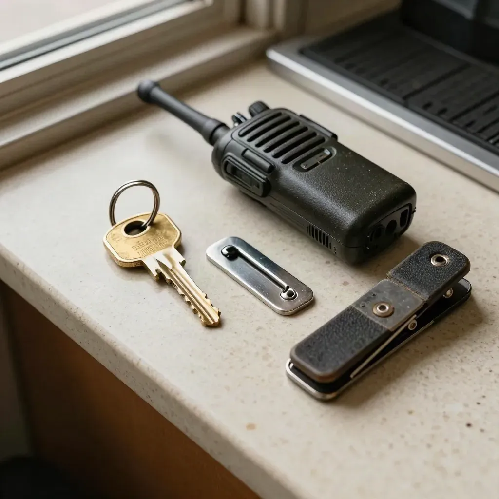 Alat operasi pawagam di atas permukaan travertin: cincin kunci, radio, plat selak dan klip tempat duduk.