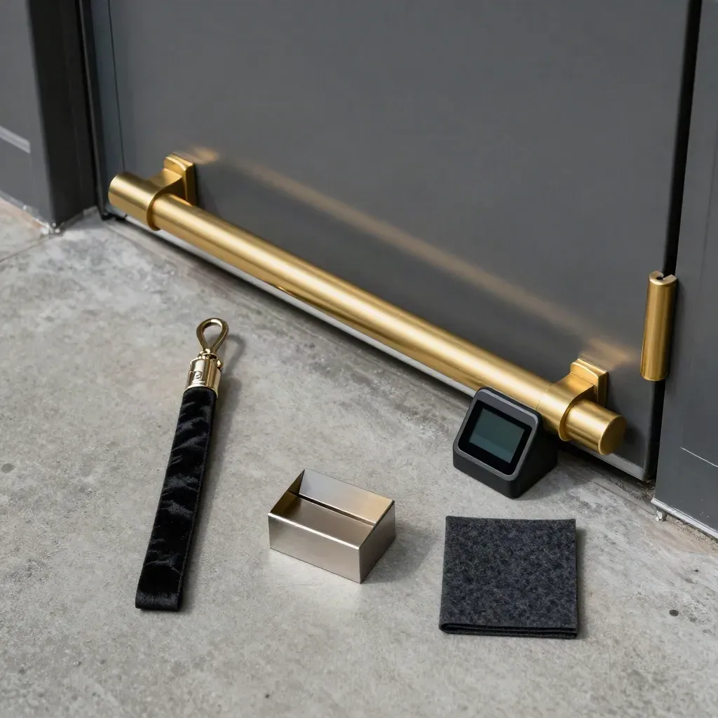 Flatlay atas konkrit: penarik pintu gangsa, klip tali baldu, dan dok pengimbas masuk pawagam.