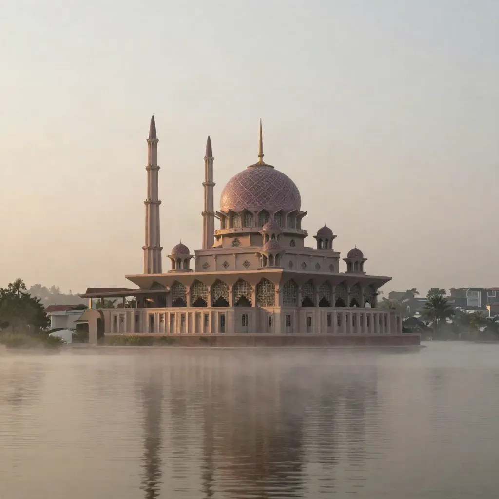 Dome Masjid Shah Alam di atas tasik berkabus waktu pagi.