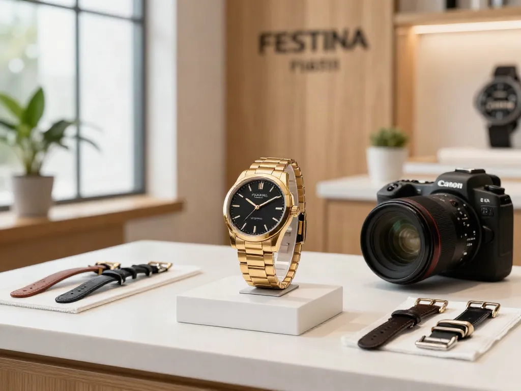 Showcase of Festina F16878 watch with gold-coated bracelet in a stylish retail setting.
