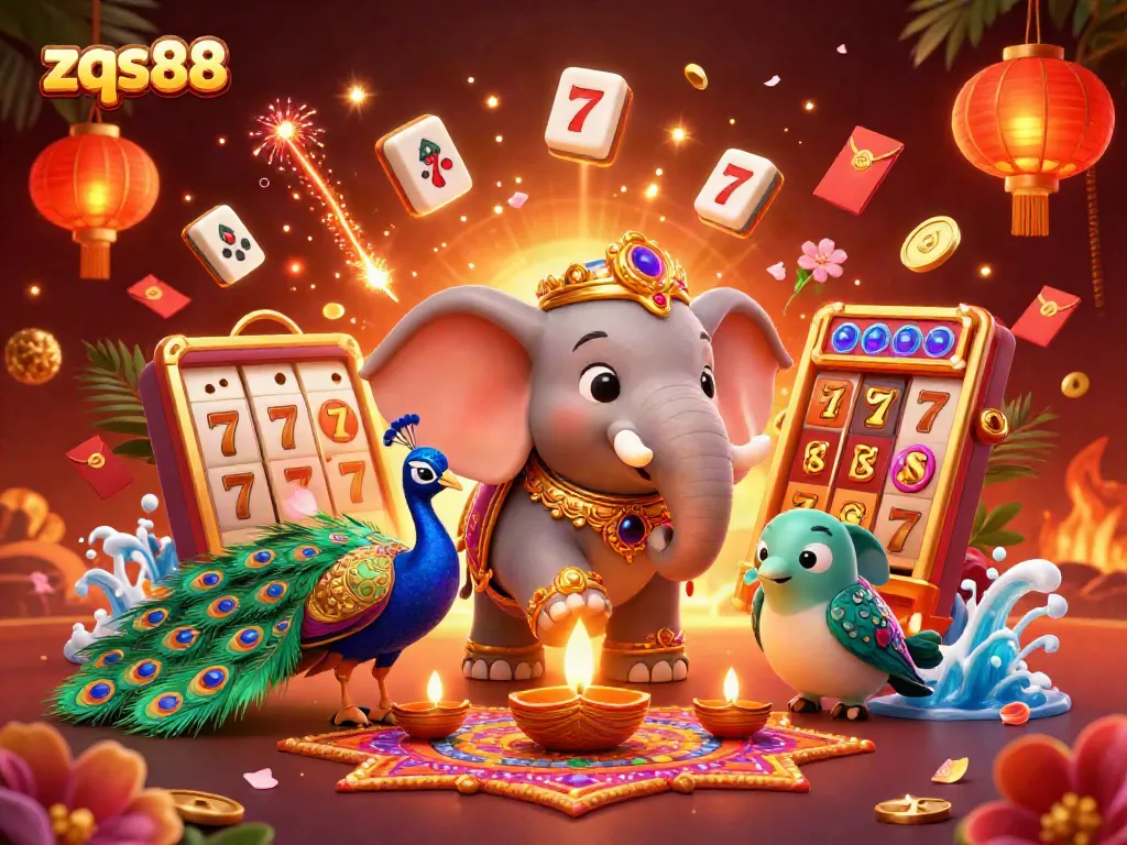 Spin to win with zqs88 as an ornate elephant and peacock celebrate a vibrant casino experience.