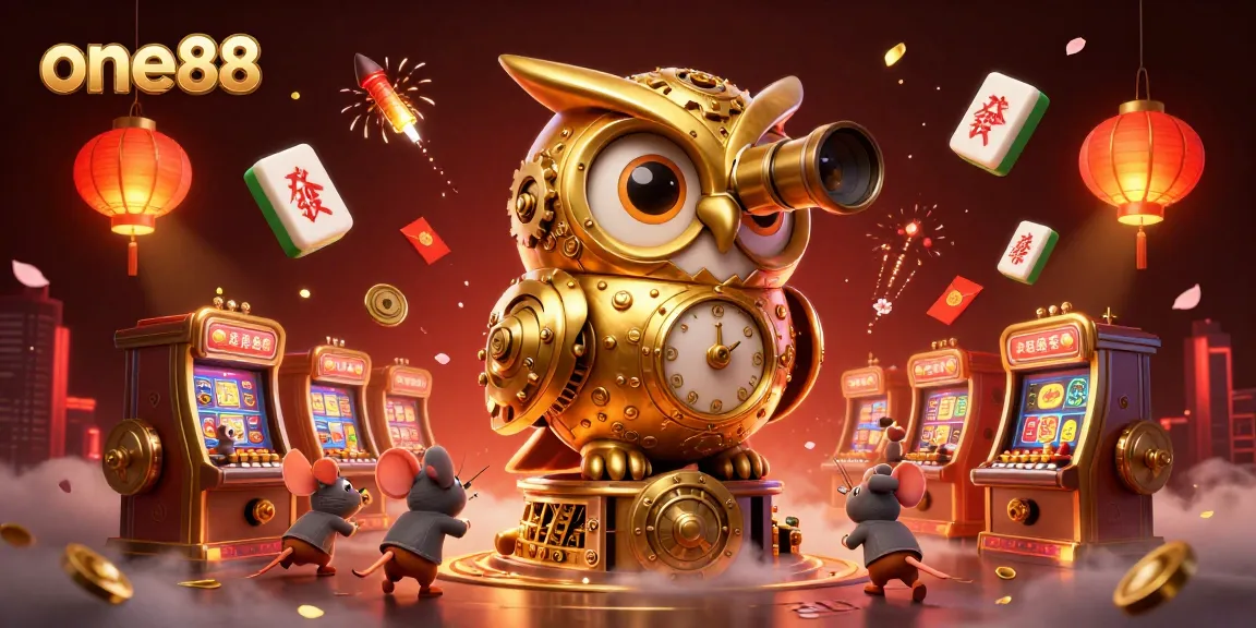 one88 players enjoying a vibrant casino atmosphere with a golden owl, lucky symbols, and lively slots