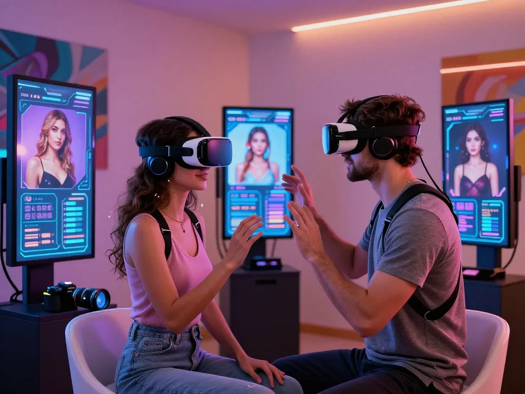 Couple exploring AI sex technology in a futuristic environment with virtual intimacy.