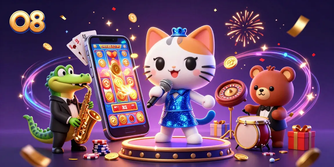 Engage with O8's dazzling casino experience featuring a singing cat, saxophone crocodile, and dynamic gameplay elements.