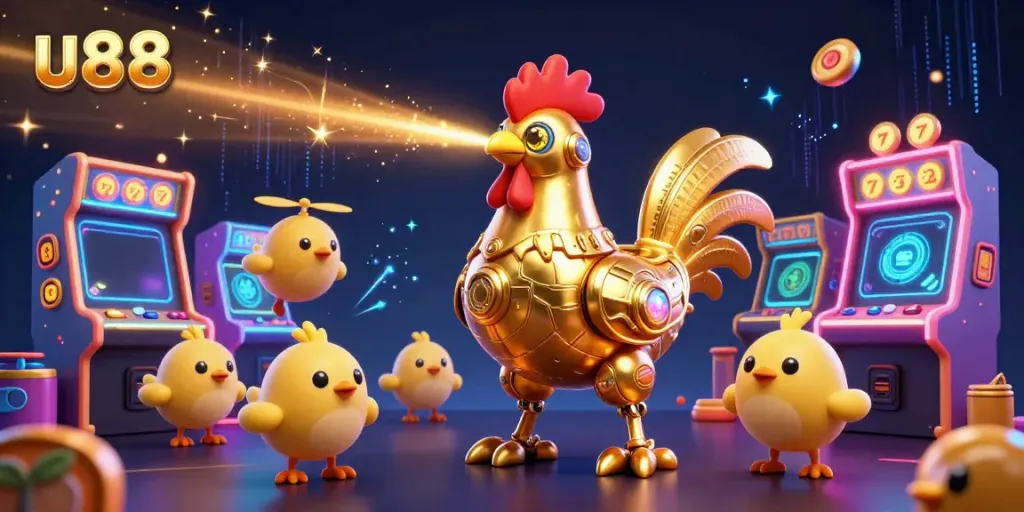 Engage in thrilling casino adventures with u88's golden rooster robot and baby chick drones.