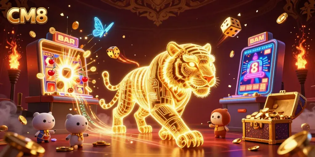 Experience thrilling gaming with CM8 at this vibrant digital casino scene packed with excitement.