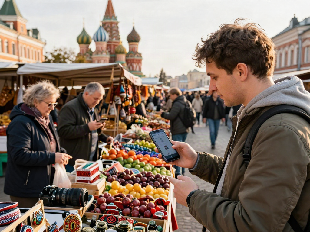 Pembayaran mudah dengan https://payinrussia.com/ di pasar Rusia, pelancong menggunakan aplikasi di tengah suasana meriah.