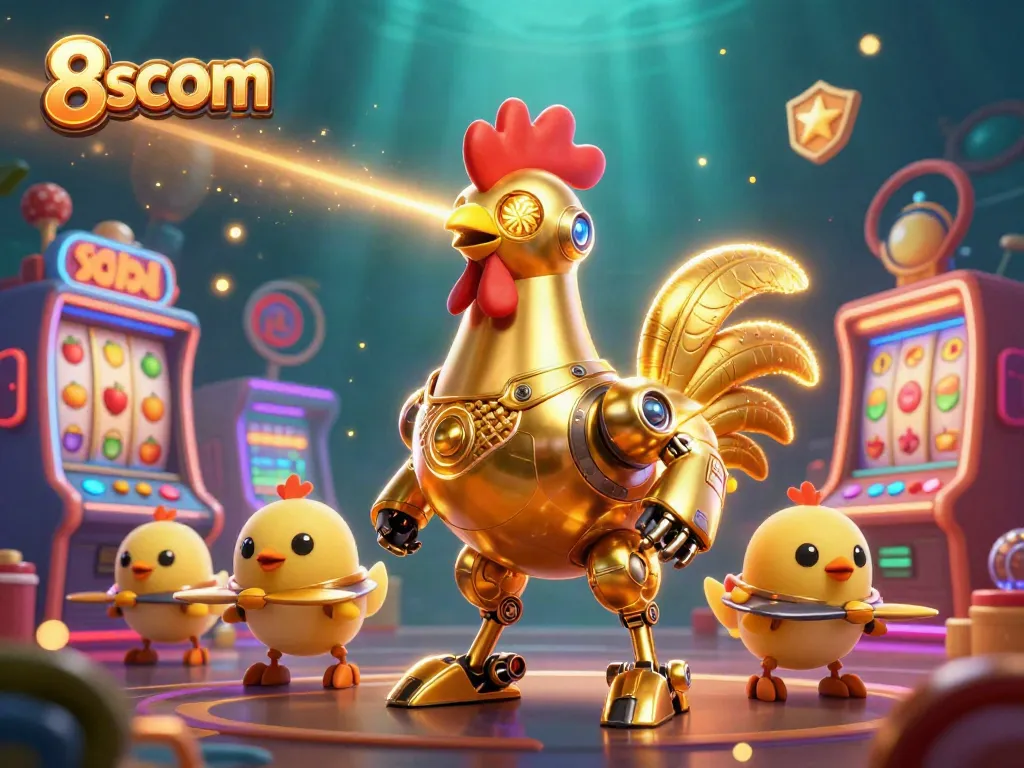 Engage and win at 8scom with vibrant slot machines and a whimsical golden rooster robot.