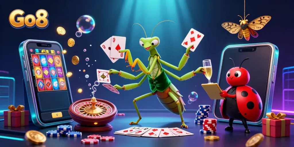 Experience the excitement of Go8 gaming with a vibrant illustration featuring dynamic casino characters and games.