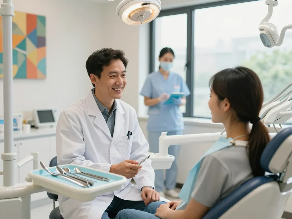 Dental clinic near me featuring a dentist and happy patient in a bright, welcoming office environment.