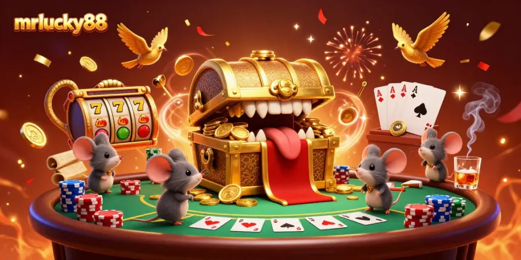 Experience the thrill of mrlucky88 with a treasure chest beckoning adventurer mice amid slot reels and colorful poker elements.