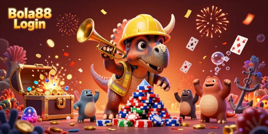 Bola88 Login celebration scene with 3D cartoon dinosaur characters surrounded by casino elements.