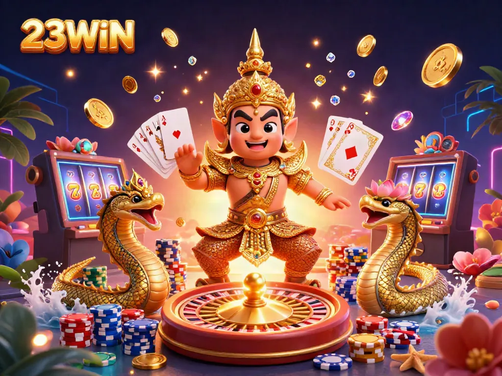 Experience the excitement of 23WIN with vivid characters and casino elements in a dynamic 3D illustration.