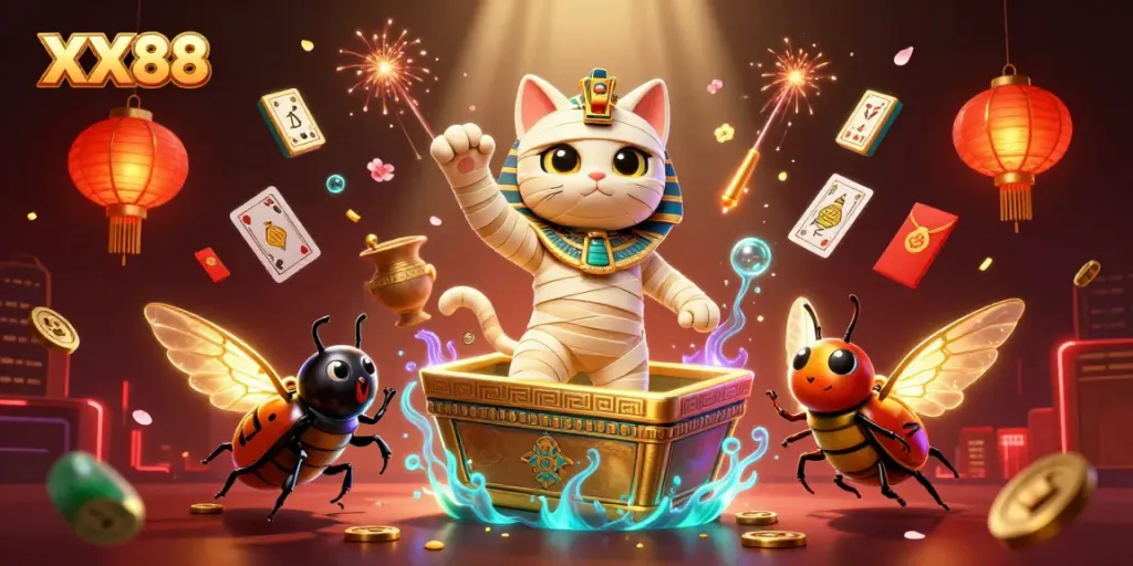 Experience exhilarating gaming at XX88 featuring a cartoon mummy cat and scarab in a dynamic casino scene.