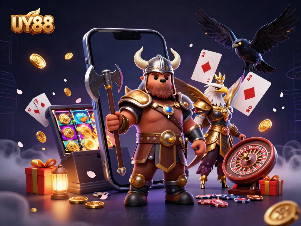 Experience thrilling wins at UY 88 with a dynamic display of 3D casino characters and gaming elements.